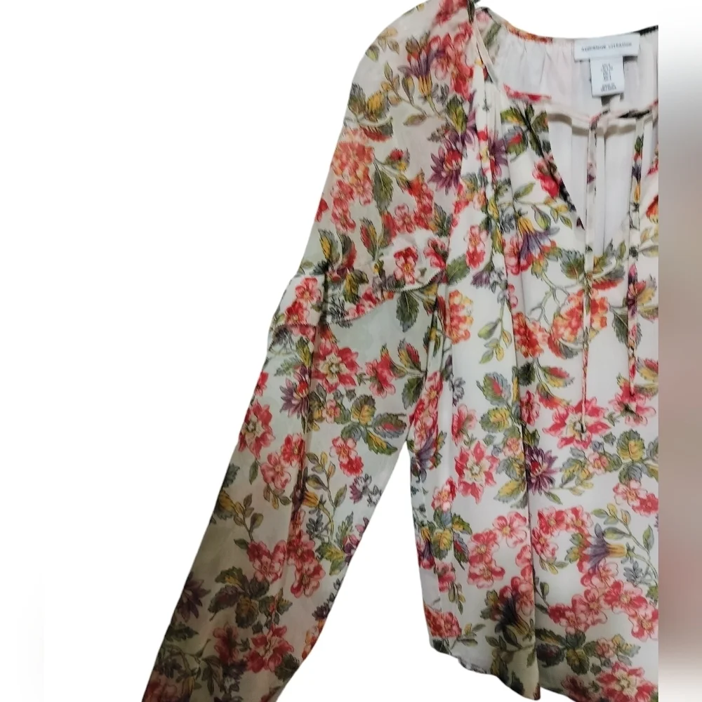 2884) Adrienne Vittadini Floral Ruffle Lined Tie Front Peasant Blouse Size Large - Picture 5 of 11